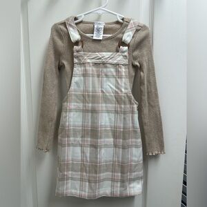 Toddler Girls Pink Tan Plaid Overall Dress with Long Sleeve Top SZ 4